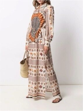 Tory Burch Sunflower Medallion Print Maxi Shirtdress – Belted Silk Blend